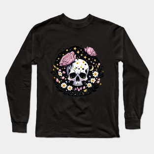 Skull and flowers starry night moon and daisies Long Sleeve T-Shirt